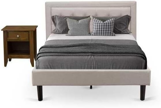 HomeStock Southwestern Sanctuary 2 Piece Platform Bedroom Set with 1 Wood Bed Frame and a Mid Century Modern Nightstand Reliable and Mist Beige Linen Fabric Full/Antique Walnut