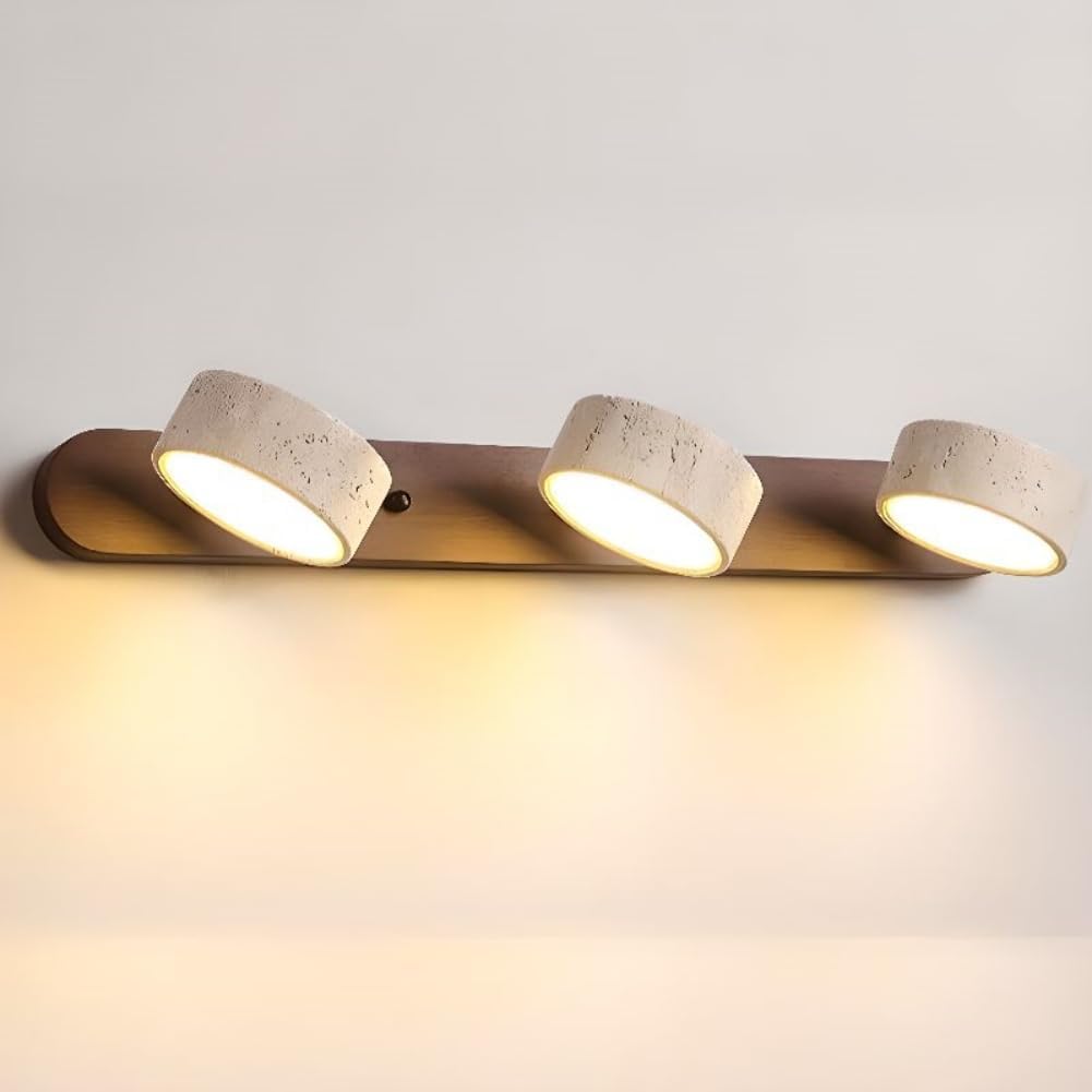 Dark Wood Farmhouse Bathroom Vanity Light Modern Stone Cylinder Wall Lamp 3 Lights Travertine Shade Linear Bathroom Wall Sconce Rotatable LED Wall Light Over Mirror - Walnut Color
