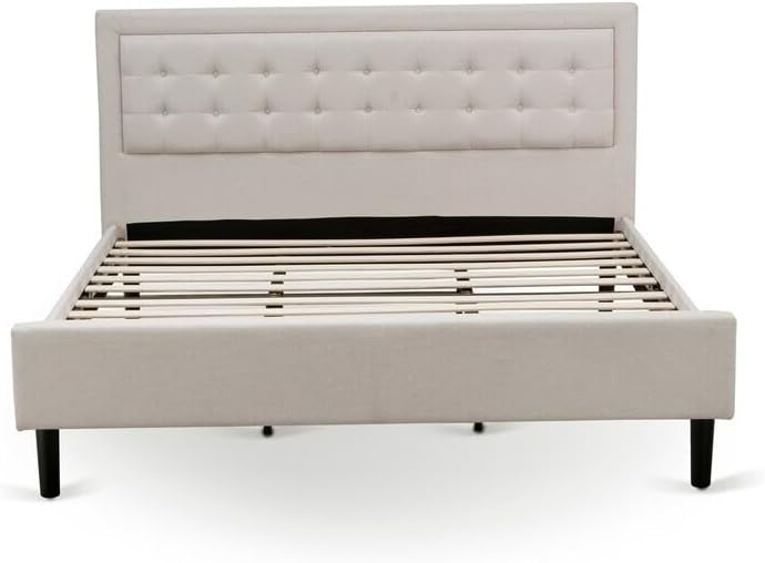 HomeStock Southwestern Sanctuary 2 Piece Platform Bedroom Set with 1 Wood Bed Frame and a Mid Century Modern Nightstand Reliable and Mist Beige Linen Fabric White/King