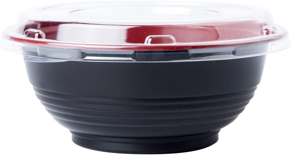 Restaurantware 18 Ounce Food Containers 200 Disposable Salad Bowls - Lids Included Microwavable Black And Red Plastic To Go Bowls Asian Inspired Perfect For Picnics Or Take Outs