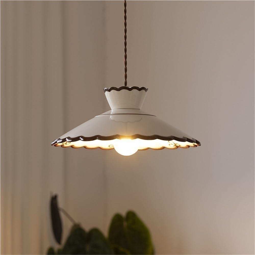 Vintage Scalloped Pendant Light, Cottagecore Farmhouse Style Hanging Lamp, Cream White Ceramic Shade, Adjustable Cord Ceiling Fixture for Kitchen Island, Dining Room, Bedroom, Cafe