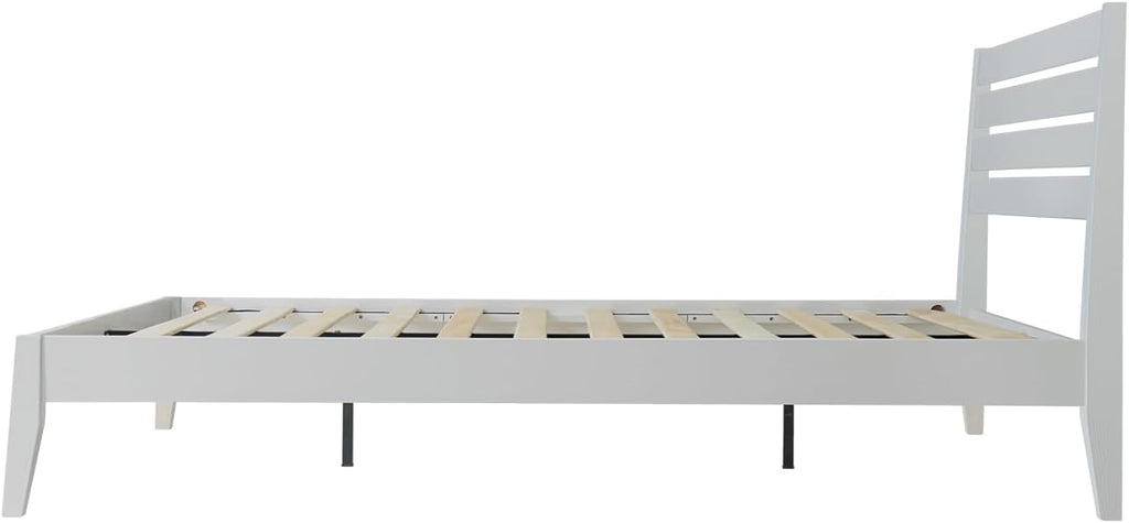 Full Size Solid Wood Platform Bed Frame with Headboard and Footboard, 12 Sturdy Slats, Center Metal Legs, Easy Assembly, No Box Spring Needed, Anti-Noise & Slip-Free Design, Pure White Finish. RKF-39