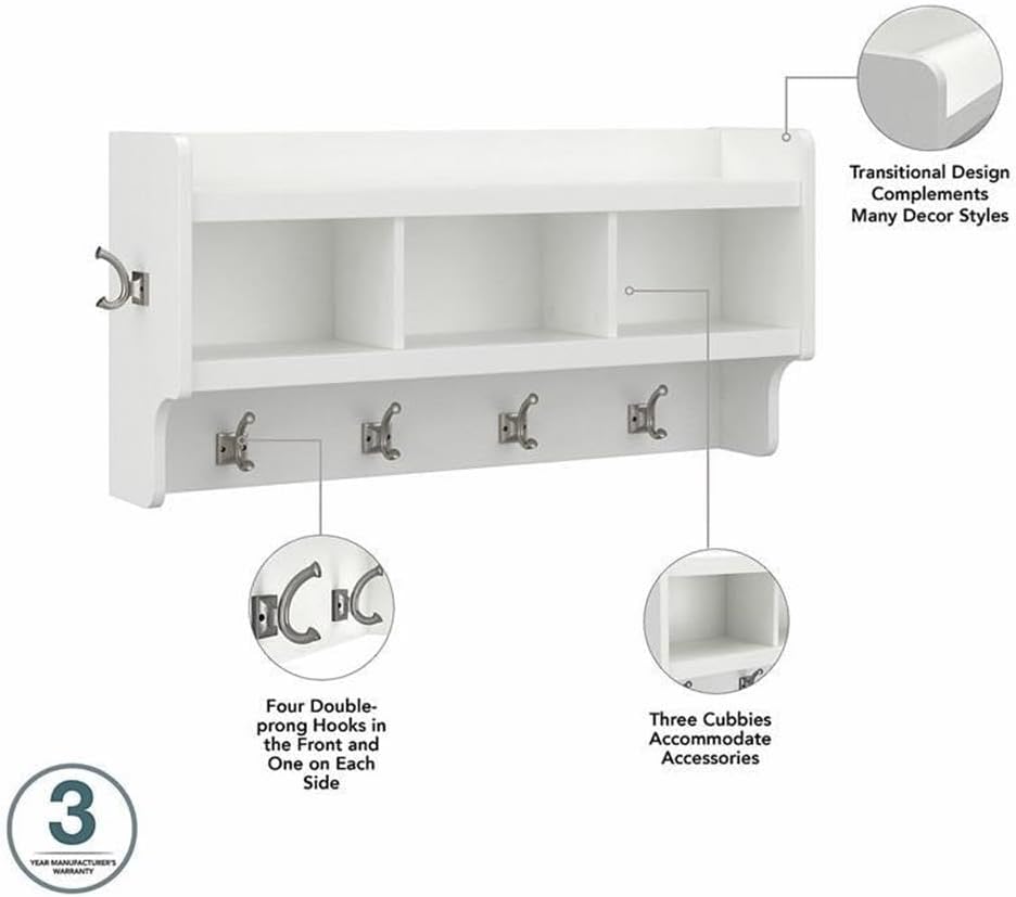 Bush Furniture Woodland Full Entryway Storage Set with Coat Rack and Shoe Bench with Drawers in White Ash | Mudroom Organizer for Footwear, Clothing