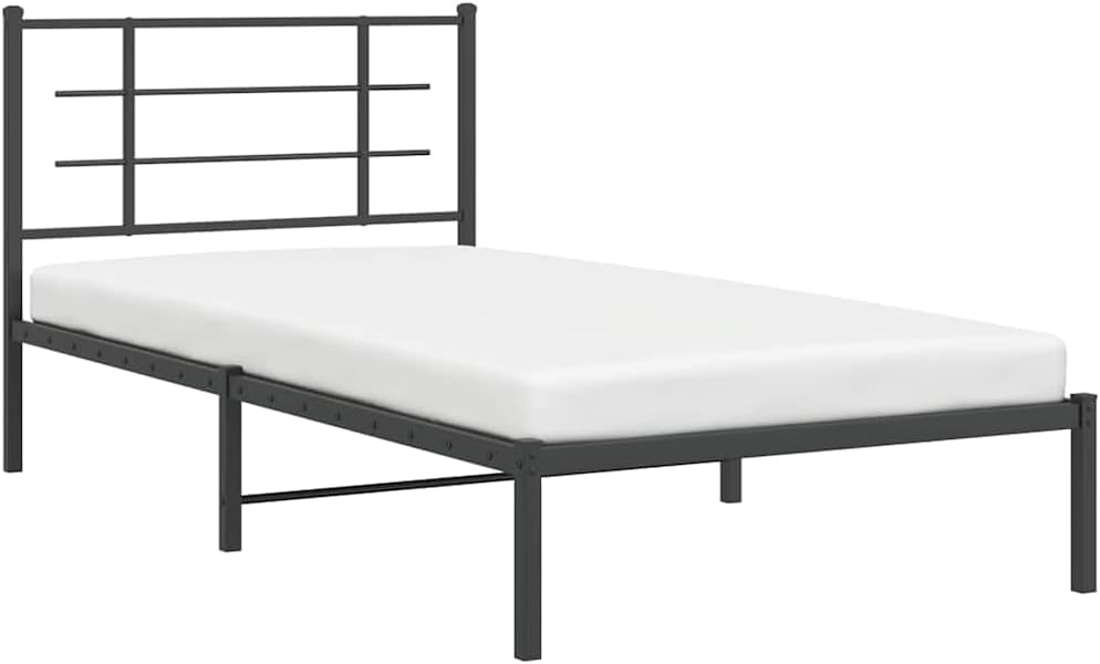 Black Powder-Coated Steel Twin Modern Bed Frame with Headboard and Underbed Storage Space, Sturdy Metal Construction for Adult Bedrooms, Sleek Design and Comfortable Support