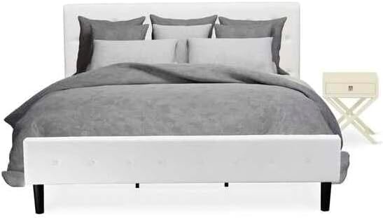 HomeStock African Artistry 2 Piece Bedroom Set - Button Tufted Platform Bed Frame - Velvet Fabric Upholstered Headboard and A Nightstand King/Linen White/White