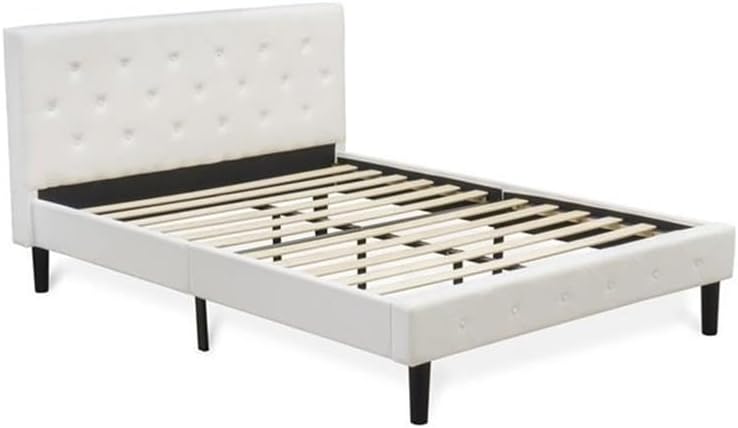 East West Furniture NL19Q-1HA05 2 Piece Modern Bedroom Set - Button Tufted Bed Frame - Linen white Velvet Fabric Upholstered Headboard and a Linen white Finish Nightstand