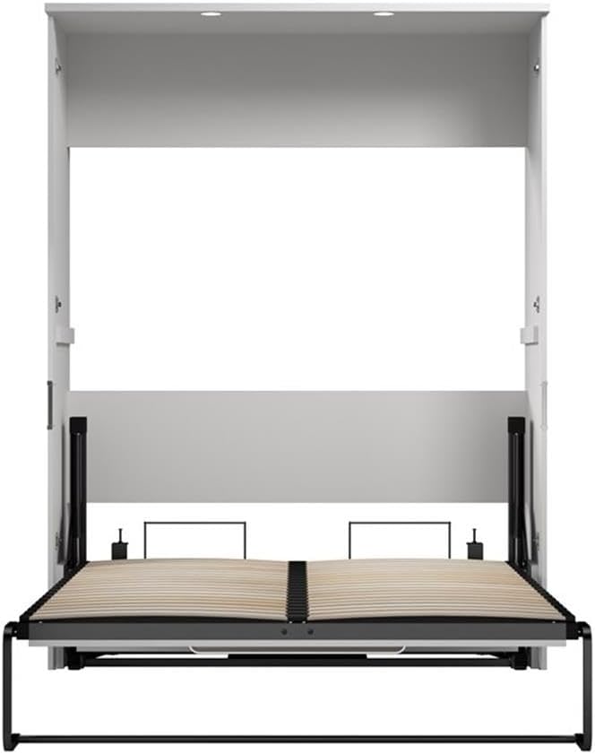 Pemberly Row 61' Engineered Wood Full Murphy Bed with Desk, White Finish, Space-Saving Bedroom Furniture Set, Dual Piston Mechanism, Flip-Up Work Surface, Wall-Mount Installation, Durable Steel Frame