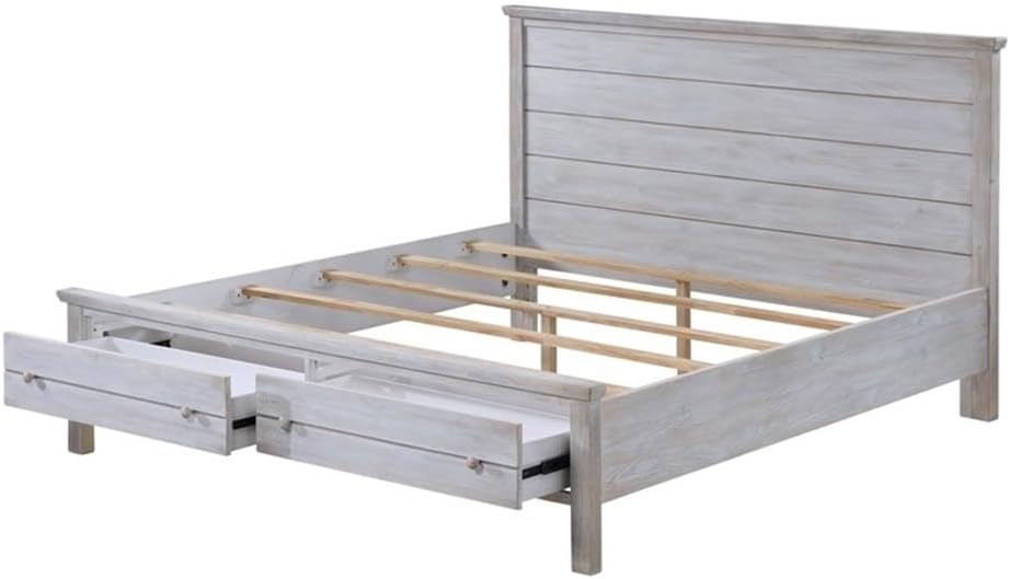 Pemberly Row Solid Wood Queen Storage Bed, Distressed Grey White Finish, Durable Constructed Spruce Frame, Rustic Transitional Design, Bedroom Furniture with Storage Footboard