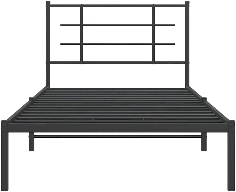 Black Powder-Coated Steel Twin Modern Bed Frame with Headboard and Underbed Storage Space, Sturdy Metal Construction for Adult Bedrooms, Sleek Design and Comfortable Support