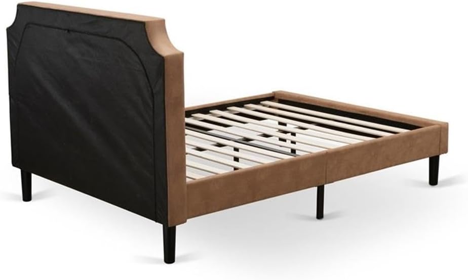 East West Furniture GB28F-1HI0M 2-Piece Platform Full Bed Set with Button Tufted Bed Frame and an Antique Mahogany Mid Century Modern Nightstand - Brown faux Leather with Brown Texture and Black Legs