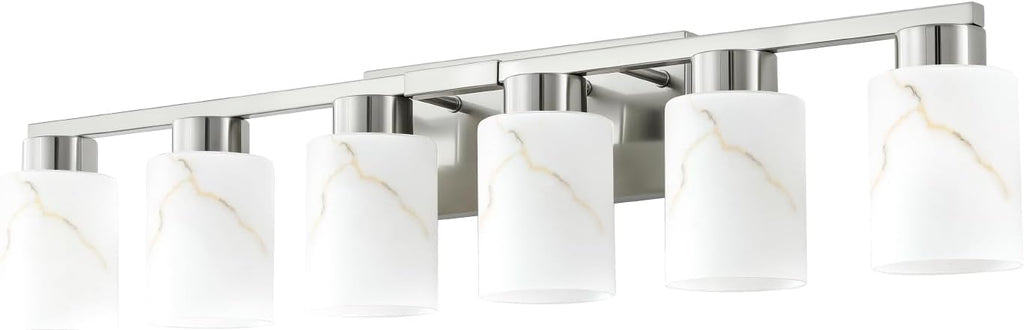 6-Light Bathroom Light Fixtures, Modern Vanity Lights, Brushed Nickel Metal Wall Lamp with White Marble Glass for Bathroom, Mirror, Living Room, Bedroom, Cabinet, Porch, Hallway, E26 Base