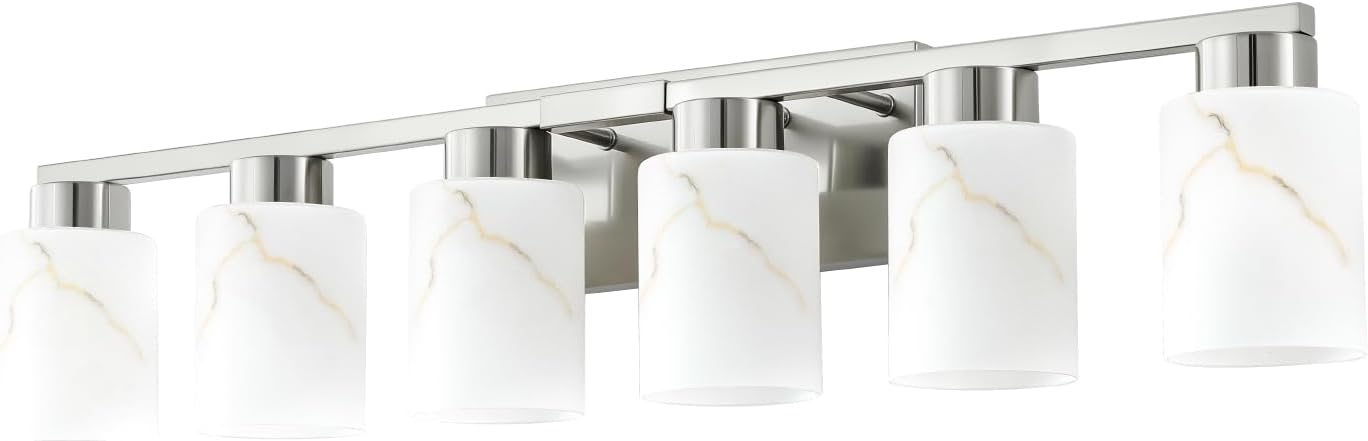 6-Light Bathroom Light Fixtures, Modern Vanity Lights, Brushed Nickel Metal Wall Lamp with White Marble Glass for Bathroom, Mirror, Living Room, Bedroom, Cabinet, Porch, Hallway, E26 Base