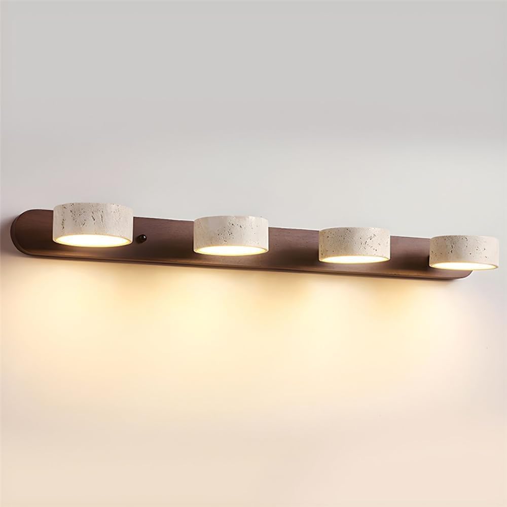 Dark Wood Farmhouse Bathroom Vanity Light 4 Lights Modern Stone Cylinder Wall Lamp Travertine Shade Linear Bathroom Wall Sconce Rotatable LED Wall Light Over Mirror - Walnut Color