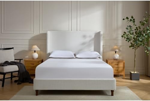 Queen Size Bed Frame with Headboard,54' Headboard Chenille Upholstered Platform Bed,Bedroom Furniture Sets No Springs Required,Metal Bed Frame with Wooden Slats for Strong Support,Cream White