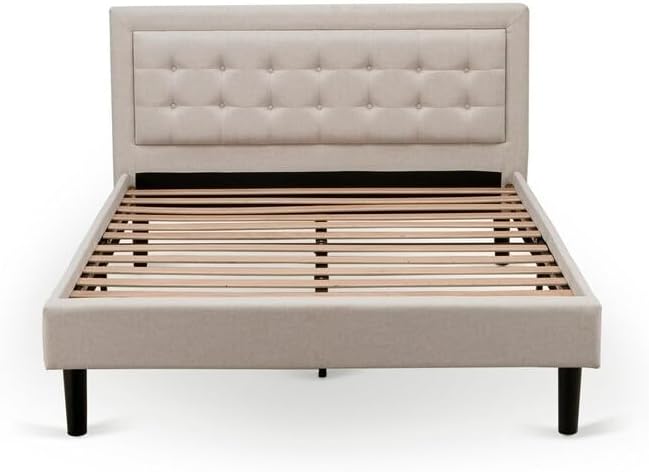 HomeStock Southwestern Sanctuary 2 Piece Platform Bedroom Set with 1 Wood Bed Frame and a Mid Century Modern Nightstand Reliable and Mist Beige Linen Fabric Queen/Antique Walnut