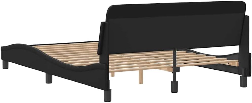 Modern Double Bed Frame with Upholstered Headboard and Underbed Storage, Black Faux Leather, 4-Piece Set for Bedroom Furniture and Home Decor