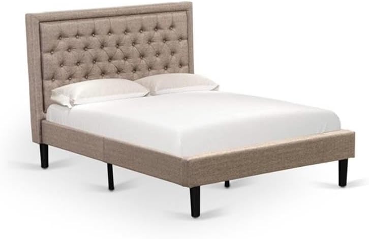 East West Furniture KD16F-1VL0C 2 Piece Wood Bedroom Set-1 Full Bed Dark Khaki Linen Fabric Padded and Button Tufted Headboard with 1 Night Stands-Wire Brushed Butter Cream Finish Nightstand