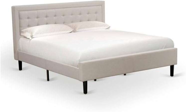 HomeStock Southwestern Sanctuary 2 Piece Platform Bedroom Set with 1 Wood Bed Frame and a Mid Century Modern Nightstand Reliable and Mist Beige Linen Fabric White/King