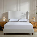 Queen Size Bed Frame with Headboard,54' Headboard Chenille Upholstered Platform Bed,Bedroom Furniture Sets No Springs Required,Metal Bed Frame with Wooden Slats for Strong Support,Cream White