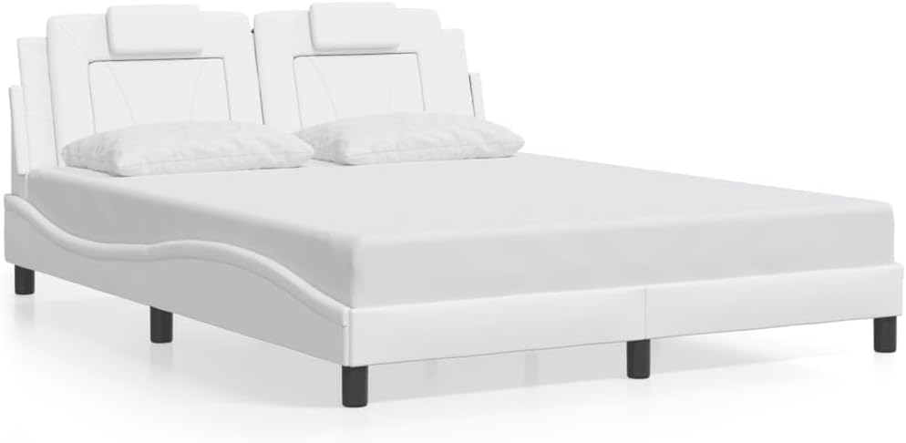 Viana Queen Bed Frame with Headboard, White Faux Leather Upholstered Platform Bed, 59.8'x79.9' Mattress Support, Durable Bedroom Furniture
