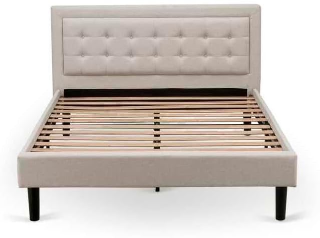 HomeStock Southwestern Sanctuary 2 Piece Platform Bedroom Set with 1 Wood Bed Frame and a Mid Century Modern Nightstand Reliable and Mist Beige Linen Fabric Queen/Antique Walnut