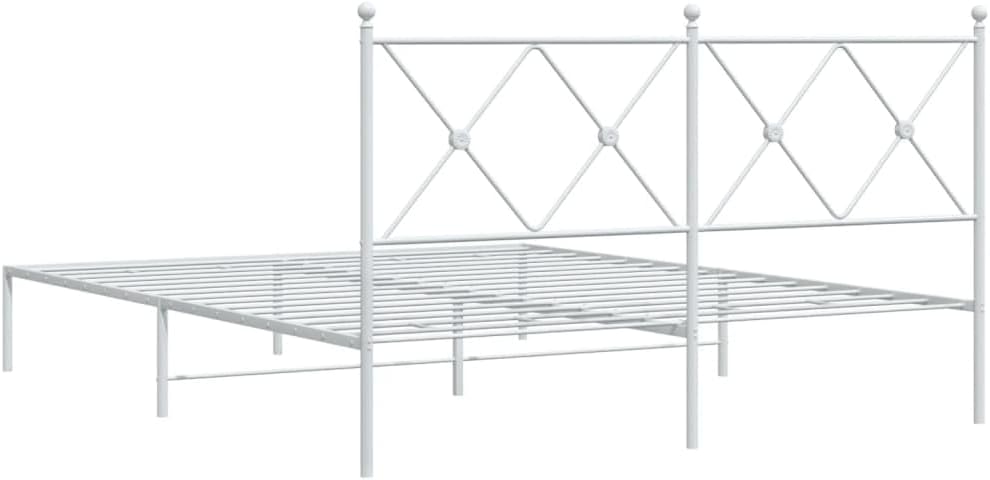 Metal Bed Frame with Headboard Queen Size White Steel Platform Bedframe No Mattress Needed Underbed Storage Space Sturdy Bed Base for Bedroom Furniture
