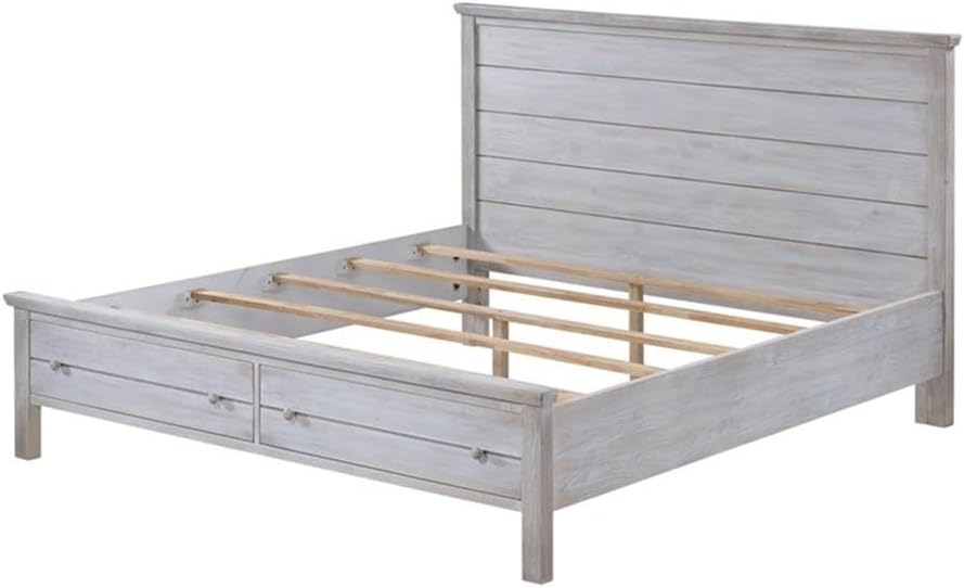 Pemberly Row Solid Wood Queen Storage Bed, Distressed Grey White Finish, Durable Constructed Spruce Frame, Rustic Transitional Design, Bedroom Furniture with Storage Footboard