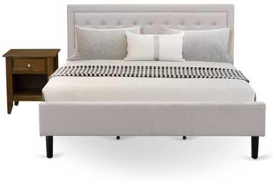 HomeStock Southwestern Sanctuary 2 Piece Platform Bedroom Set with 1 Wood Bed Frame and a Mid Century Modern Nightstand Reliable and Mist Beige Linen Fabric King/Antique Walnut