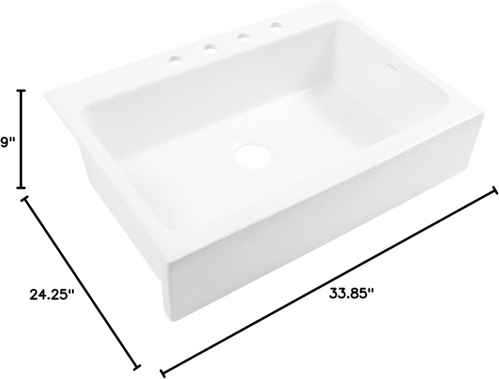 Sinkology Parker 34 Inch White Fireclay Quick-Fit Drop-In Kitchen Sink, Single Bowl, 4 Faucet Holes, Apron Front, Undermount Installation, Fits 36 Inch Cabinet, Surefire Finish