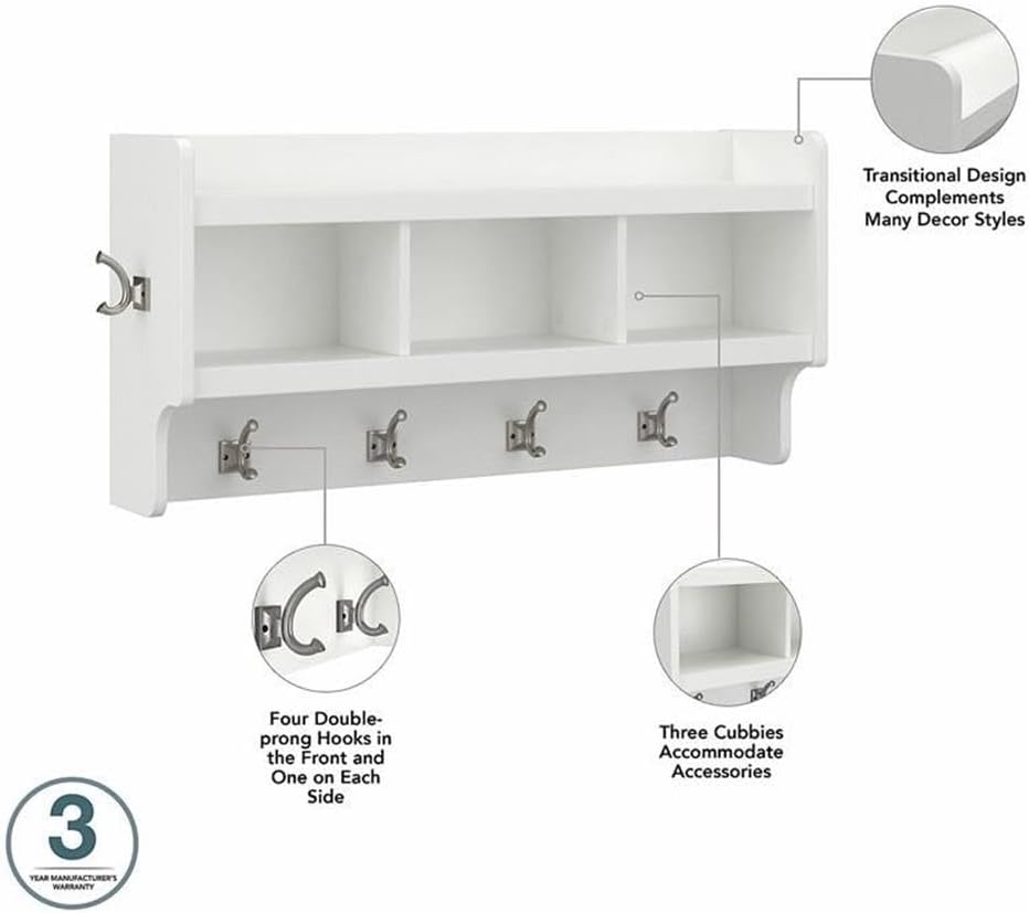 Bush Furniture Woodland Full Entryway Storage Set with Coat Rack and Shoe Bench with Doors | Mudroom Organizer for Footwear, Clothing, White Ash