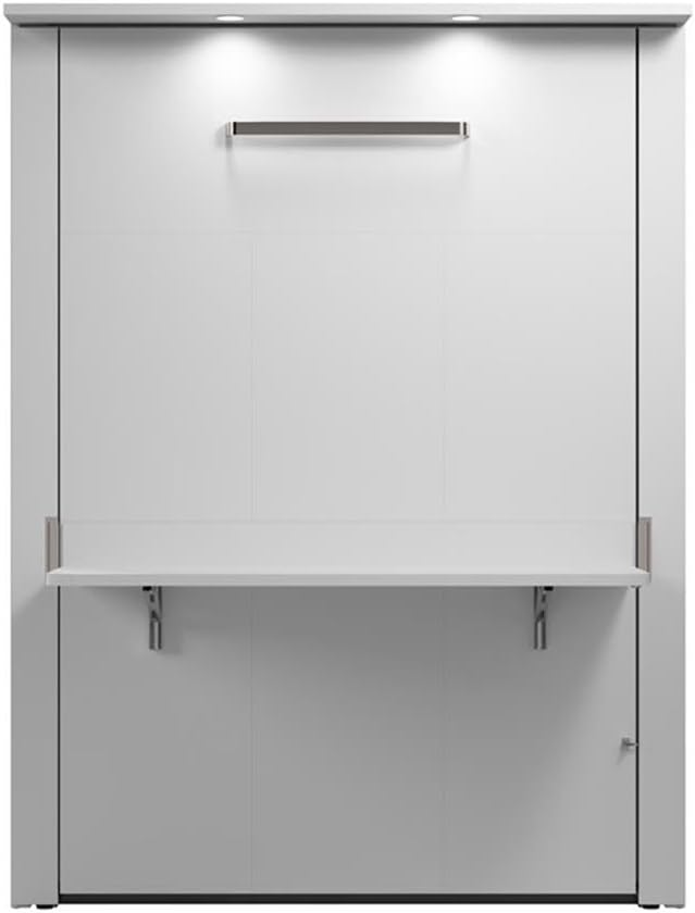 Pemberly Row 61' Engineered Wood Full Murphy Bed with Desk, White Finish, Space-Saving Bedroom Furniture Set, Dual Piston Mechanism, Flip-Up Work Surface, Wall-Mount Installation, Durable Steel Frame