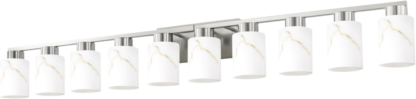10-Light Bathroom Light Fixtures, Modern Vanity Lights, Brushed Nickel Metal Wall Lamp with White Marble Glass for Bathroom, Mirror, Living Room, Bedroom, Cabinet, Porch, Hallway, E26 Base
