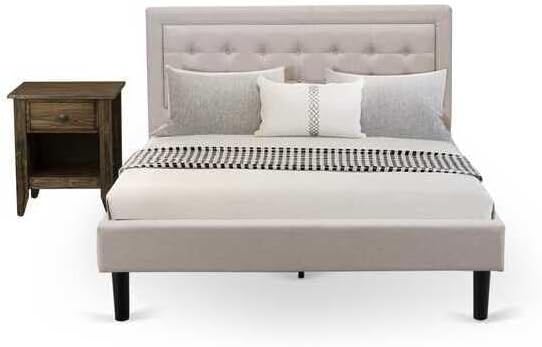 HomeStock Southwestern Sanctuary 2 Piece Platform Bedroom Set with 1 Wood Bed Frame and a Mid Century Modern Nightstand Reliable and Mist Beige Linen Fabric White/Queen