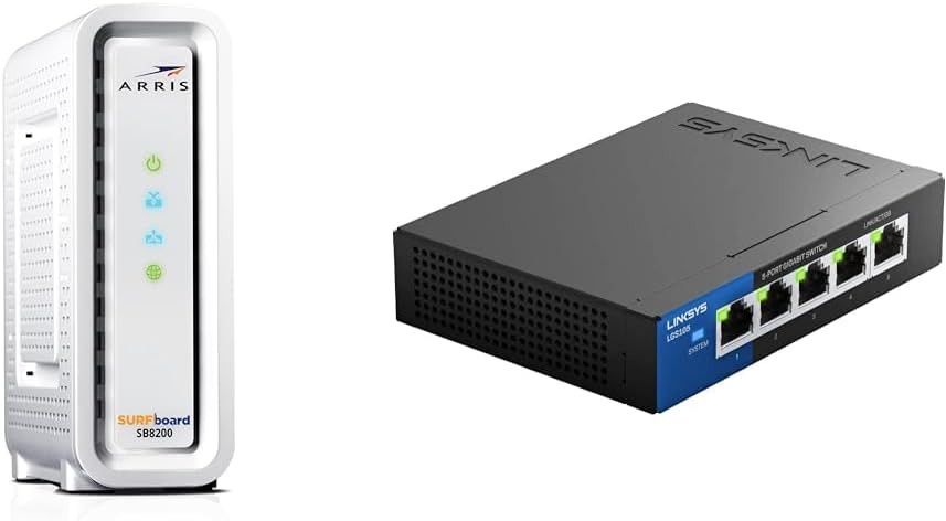 ARRIS Surfboard SB8200 DOCSIS 3.1 Cable Modem, Approved for Comcast Xfinity, Cox & Linksys LGS105: 5-Port Business Desktop Gigabit Ethernet Unmanaged Switch, Computer Network, Wired
