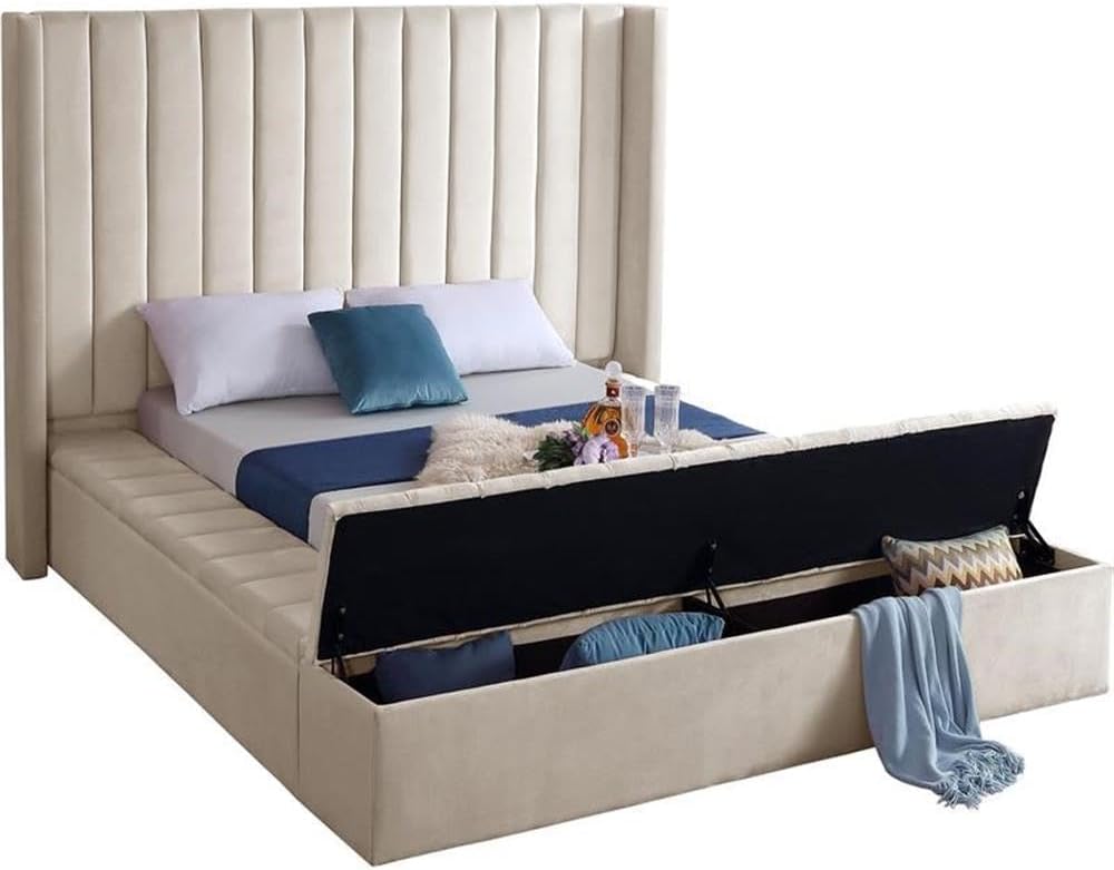 Meridian Furniture Kiki Collection Modern | Contemporary Velvet Upholsterd Bed with Channel Tufting, Siderails and Footboard Storage Compartments, Queen, Cream
