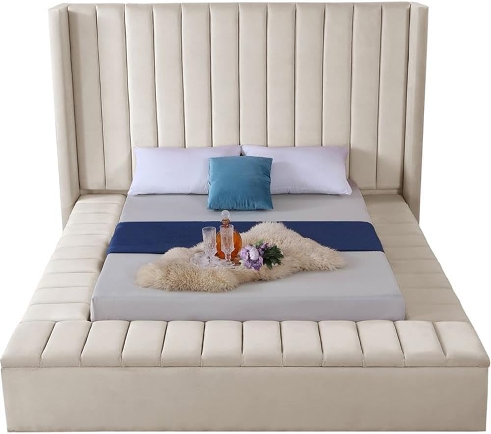 Meridian Furniture Kiki Collection Modern | Contemporary Velvet Upholsterd Bed with Channel Tufting, Siderails and Footboard Storage Compartments, Queen, Cream