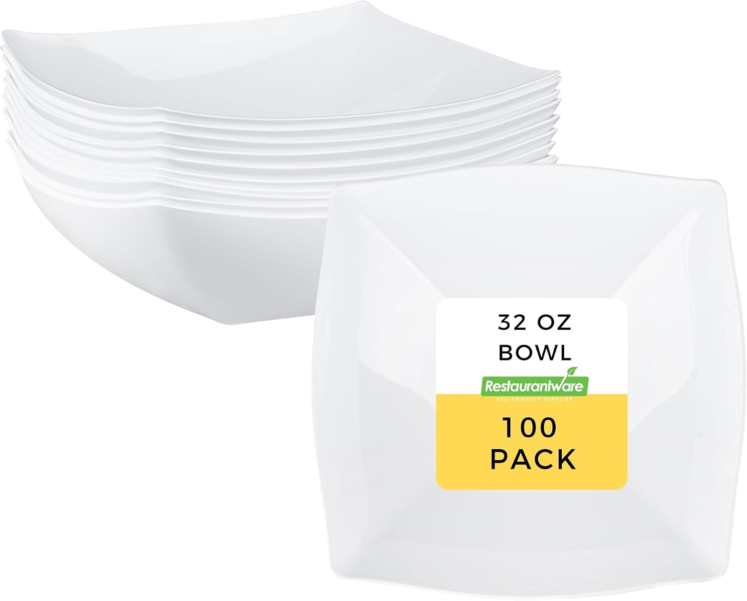 Restaurantware Moderna 32 Ounce Fancy Plastic Bowls 100 Square Disposable Salad Bowls - Durable Heavy-duty White Plastic Bowls For Warm And Cold Foods