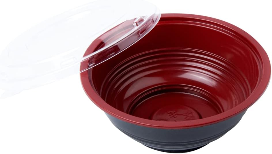 Restaurantware 18 Ounce Food Containers 200 Disposable Salad Bowls - Lids Included Microwavable Black And Red Plastic To Go Bowls Asian Inspired Perfect For Picnics Or Take Outs