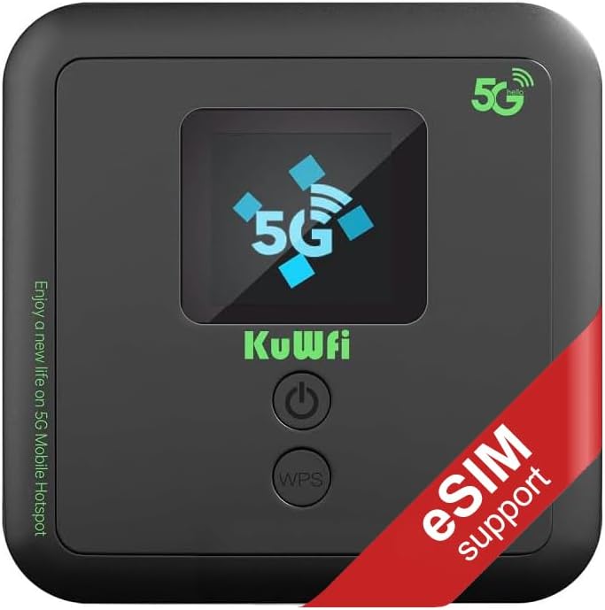 KuWFi Ultra-Fast eSIM Router Portable 5G WiFi 6 Mobile Hotspot|Unlocked WiFi Pocket with 6000mAh|3000Mbps SIM Router 5G for RV & Travel|Hotspot Supports eSIM/SIM Slot&32 Devices|Compatible with AT&T