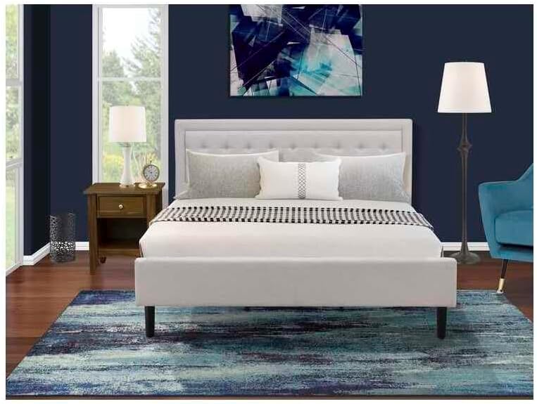 HomeStock Southwestern Sanctuary 2 Piece Platform Bedroom Set with 1 Wood Bed Frame and a Mid Century Modern Nightstand Reliable and Mist Beige Linen Fabric King/Antique Walnut