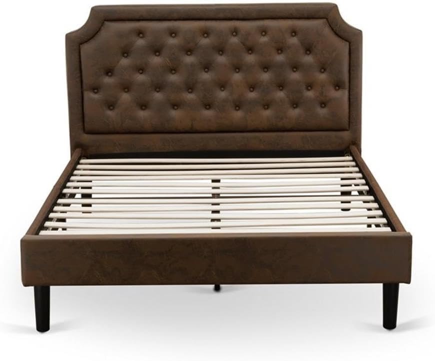 East West Furniture GB25Q-1VL06 2-Piece Granbury Queen Bedroom Set with Button Tufted Platform Bed and 1 Wire brushed Black End Tables - Dark Brown faux Leather with Black Texture and Black Legs