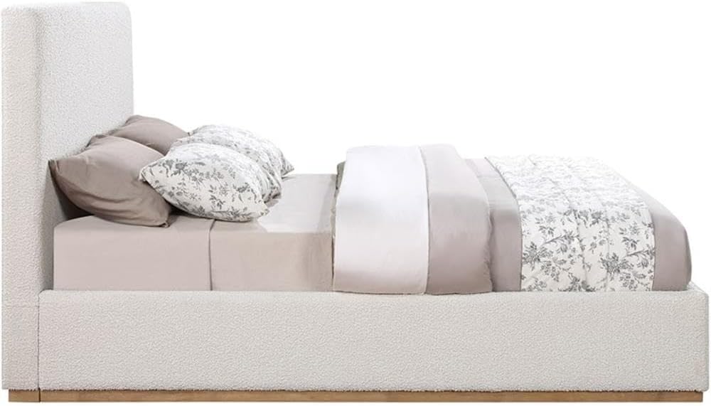 Meridian Furniture MonacoCream-Q Monaco Collection Modern | Contemporary Boucle Fabric Upholstered Queen Bed with Solid Wood Natural Wire Brush Finish, 65.5' W x 87.5' D x 52' H, Cream, Queen