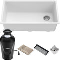 KRAUS Bellucci Workstation 32 in. Undermount Granite Composite Single Bowl Kitchen Sink in White with Accessories with WasteGuard™ Continuous Feed Garbage Disposal, KGUW1-33WH-100-75MB
