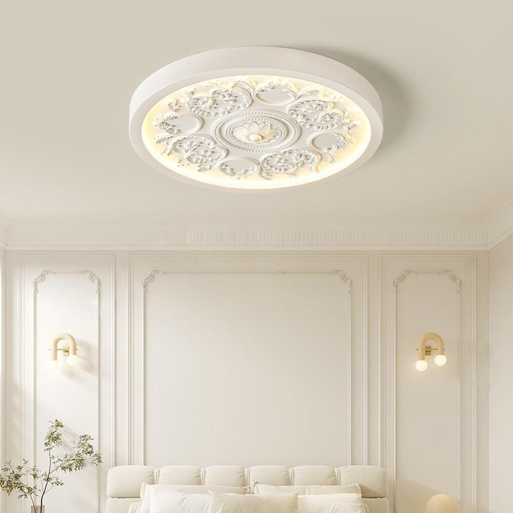 French Country Flush Mount Ceiling Light, Vintage Ornate Ceiling Lamp with Carved Medallion Design, Round Backlit LED Fixture for Bedroom, Living Room, Hallway, Dining Room(White,43CM)