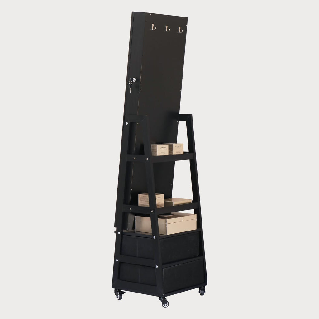 Jewelry Cabinet with Standing Mirror Lockable Full Length Mirror with Drawers Jewelry Organizer Armoire with Wheels,Floor Mirror with Back Storage Shelves for Bedroom Christmas Gift for Friend Black