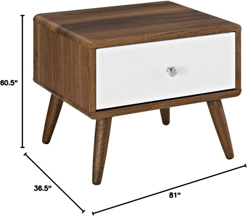Pemberly Row Set of 2 Modern Full Bed in Black and Nightstand in Walnut/White