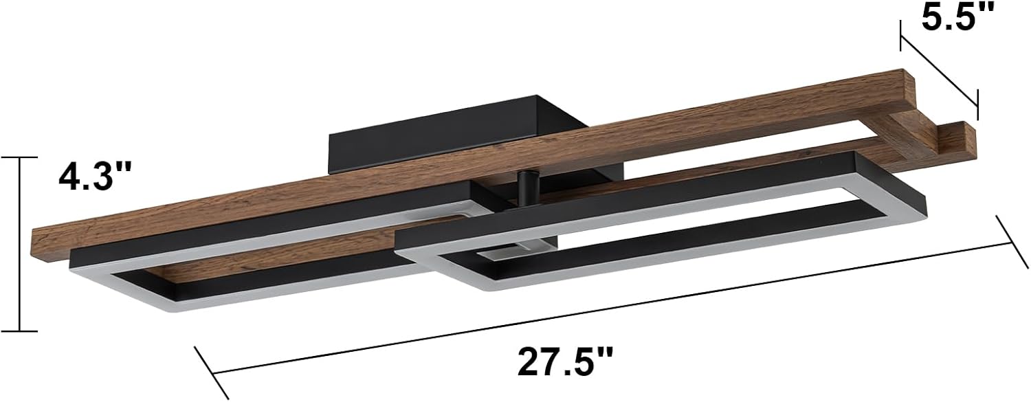Lingkai 27.5' LED Modern Ceiling Lights Wooden Square Rectangular Lamp Fixture Wood, Modern Kitchen Ceiling Lighting Fixtures 3000K for Island Bedroom Living Room Hallways