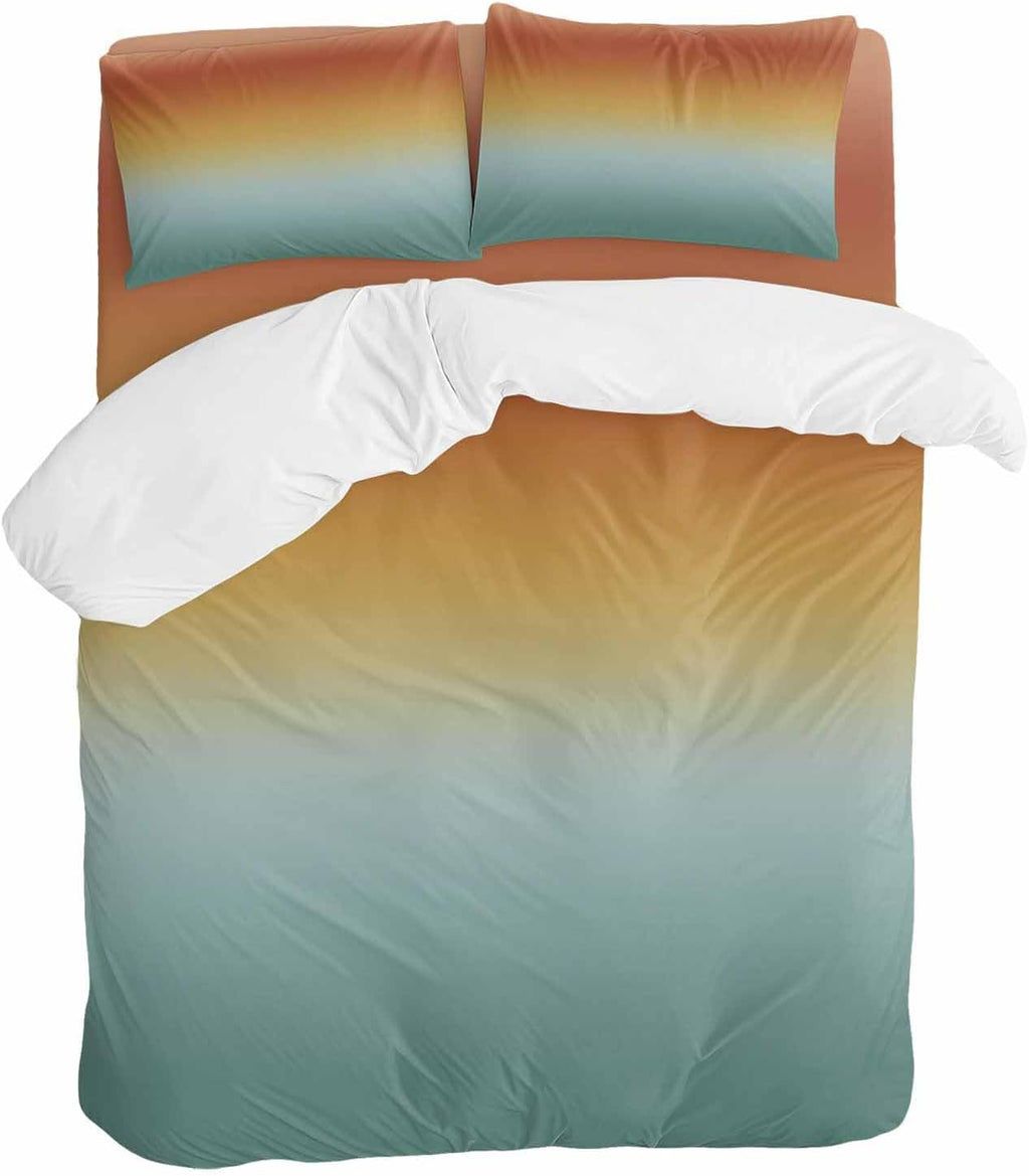 Bohemian Gradient Green Duvet Cover Set Queen Size 4 Pieces Modern Minimalist Orange Yellow Ocean Beach Bedding Set with Zipper Closure, 1 Comforter Cover 90x92 Inches 1 Flat Sheet & 2 Pillow Cases