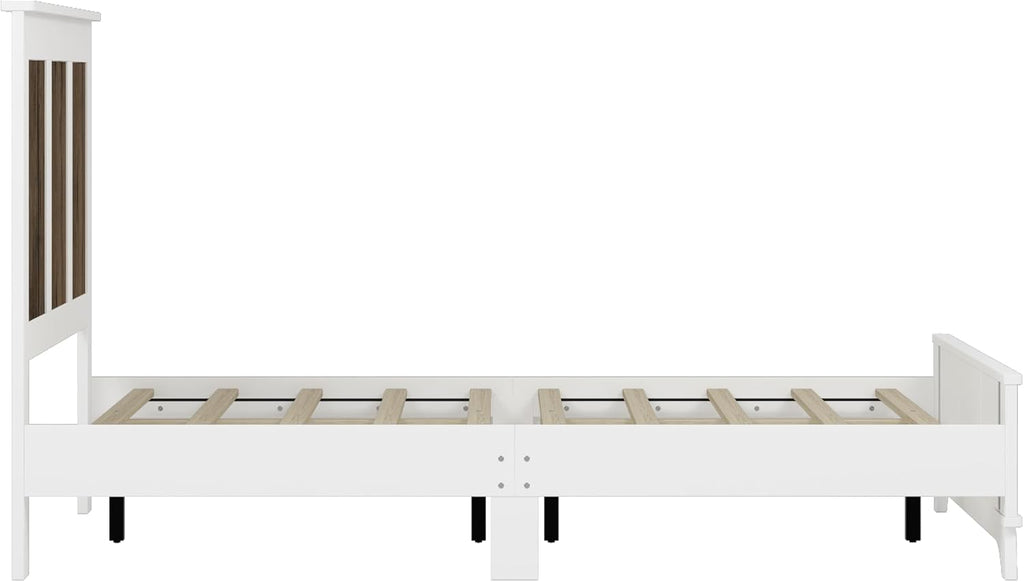4-Pieces Bedroom Sets, Queen Size Farmhouse Platform Bed with Wooden Strip Decoration Headboard, Storage Nightstand and Dresser with Metal Handle for Bedroom Furniture (White, Queen)