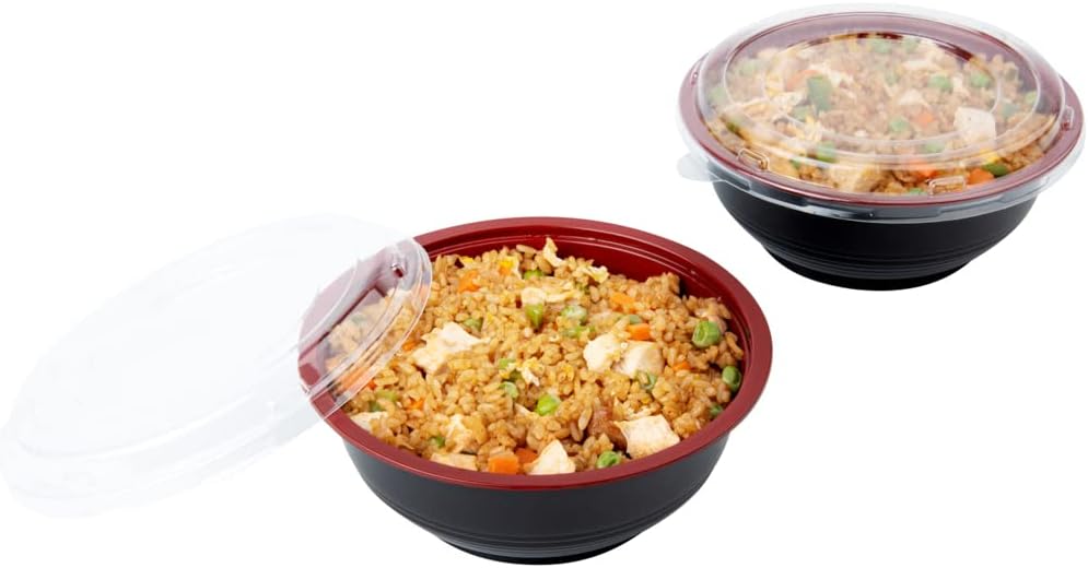24 Ounce Food Containers, 200 Disposable Salad Bowls - Lids Included, Microwavable, Black And Red Plastic To Go Bowls, Asian Inspired, Perfect For Picnics, Or Take Outs - Restaurantware